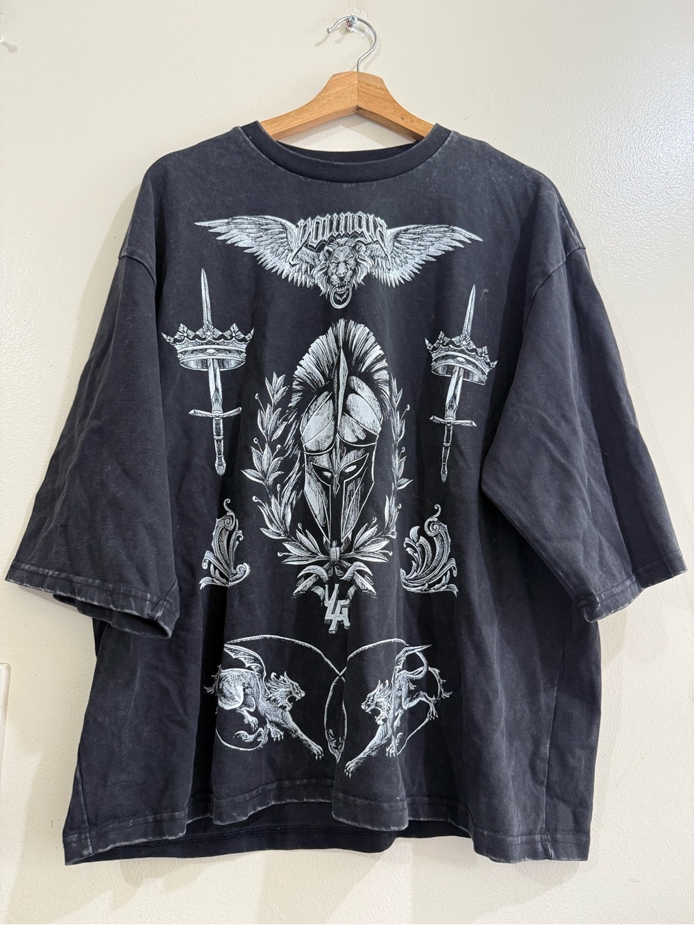 YoungLA Black Short‑Sleeve Graphic Tee with White Gothic Crest